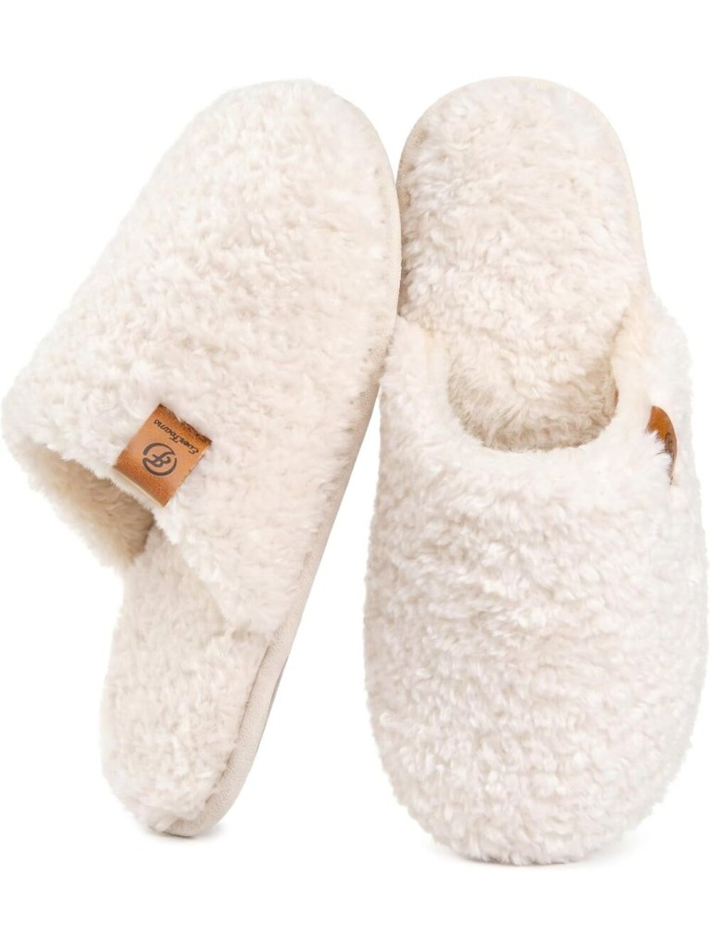 〽️Women's White Fuzzy Slippers Closed Toe No Heel Slip-on House Cloud Soft Shoes